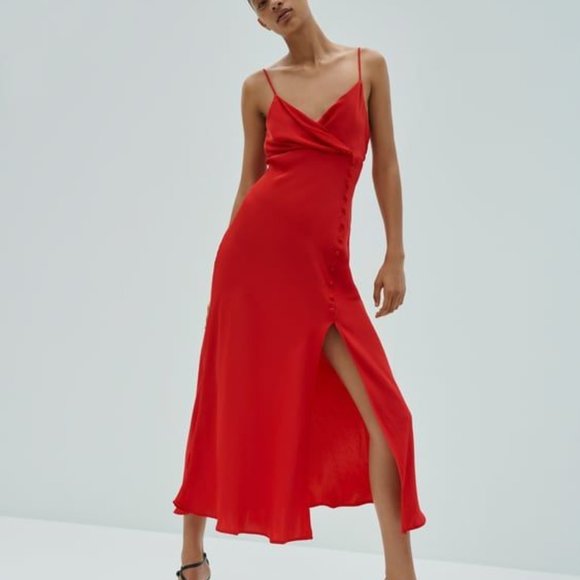 Zara SATIN LINGERIE STYLE DRESS midi with slit Small - Picture 5 of 12